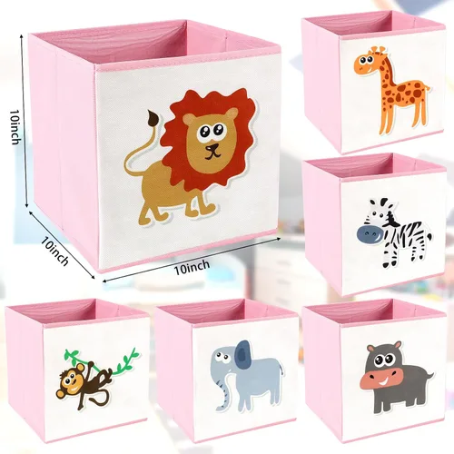 Miniatura 2 de Berlune Caja de almacenamiento plegable de 6 piezas de cubo de animales de 10 x 10 pulgadas, cestas de cubo de tela no tejida y cartón para niños