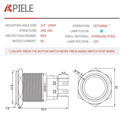 Miniatura 2 de APIELE Interruptor de botón de cierre de 0.748 in, 12 V - 24 V CC LED SPDT 1NO1NC, interruptor de botón de metal de acero inoxidable con coleta, 6