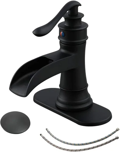 BWE Grifo de baño en cascada negro mate con drenaje desplegable con placa de cubierta de una sola manija para tocador de 1 o 3 agujeros, grifo