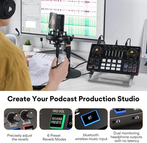 Miniatura 6 de MAONO MaonoCaster - Interfaz de audio, mezclador de podcast de 10 canales con preamplificador Pro, alimentación fantasma de 48 V, Bluetooth, 11