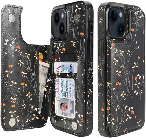 Miniatura 37 de uCOLOR Funda de piel con tapa para tarjetas compatible con iPhone 13 6.1, iPhone 14 6.1, mujeres y niñas con tarjetero y función atril