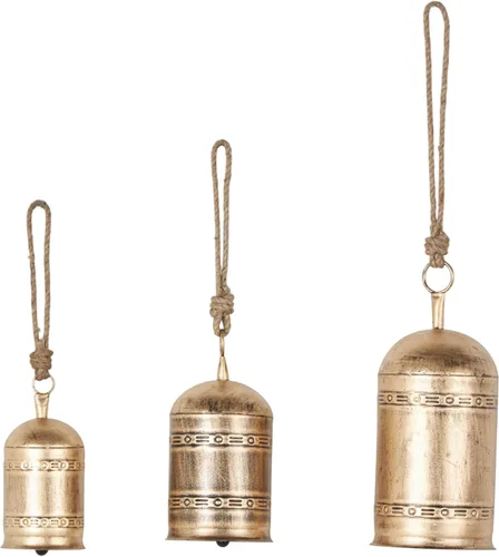 Miniatura 17 de Deco 79 - Campanas de vaca gigantes XL decorativas de metal dorado con cuerda de yute para colgar, juego de 3 campanas de 10 pulgadas, 8 pulgadas