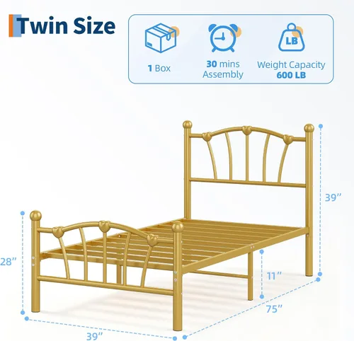 Miniatura 2 de GarveeHome Marco de cama de tamaño individual, marco de cama de metal en forma de corazón con cabecera y estribo, marco de cama de plataforma