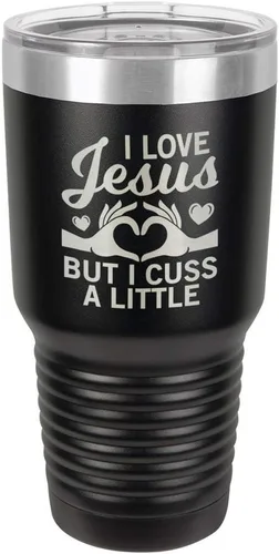 Taza de viaje con texto en inglés "I Love Jessus I CUSS A LITTLE Engraved Tumbler", de acero con recubrimiento de polvo grabado con láser, sin BPA,