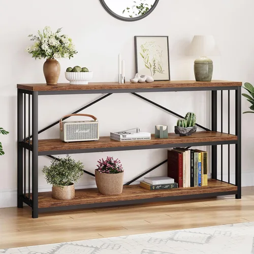 Miniatura 28 de LVB Mesa consola industrial, mesa de sofá de metal y madera, mesa de entrada rústica con almacenamiento, moderno estante de 3 niveles mesa larga