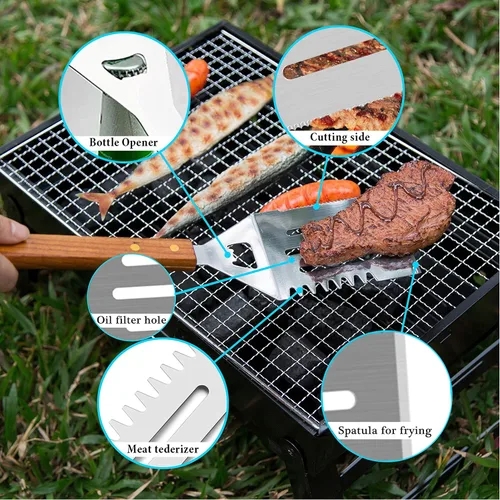 Miniatura 4 de IMAGE Accesorios de barbacoa de madera, herramientas de barbacoa de acero inoxidable, juego de utensilios de parrilla para parrilla al aire libre