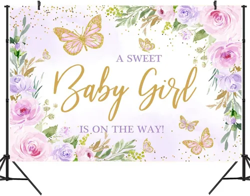 Decoración de mariposa para baby shower para niña, telón de fondo de 9 x 6 pies, A Sweet Baby Girl is on The Way Flores florales moradas Fondo de
