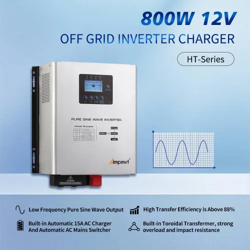 Miniatura 2 de AMPINVT: Inversor de onda sinusoidal pura de 800W con cargador AC, salida DC 12V a AC 120V, inversor de baja frecuencia de alimentación de respaldo