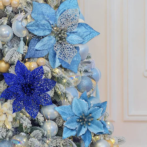 Miniatura 4 de Winlyn Púas de flores de Pascua de Navidad de 3 estilos, adornos para árbol de Navidad y 12 yardas, cinta decorativa con alambre para árbol de Azul