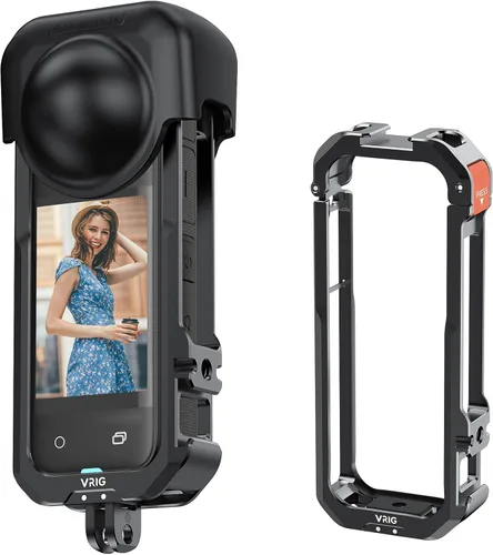 VRIG - Jaula de marco para Insta360 X4, funda protectora de aluminio para Insta360 X4 con cubierta de lente de silicona, zapata fría integrada e