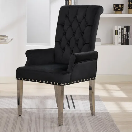 Miniatura 12 de WUTUTUEE Silla de comedor de terciopelo con brazos, sillas de comedor tapizadas acolchadas de respaldo alto, sillón decorativo con patas cromadas
