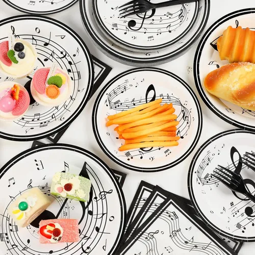 Miniatura 5 de ZOIIWA Platos con Notas Musicales y Servilletas con Temas Musicales, Vajilla de Mesa para Fiestas con Notas Musicales, Vajilla Desechable de Papel