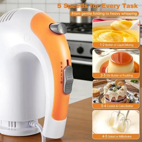 Miniatura 4 de Batidora de mano eléctrica de 5 velocidades de 300 W con 3 cuencos de mezcla de anidación gruesos, tazas y cucharas medidoras, mezclador completo