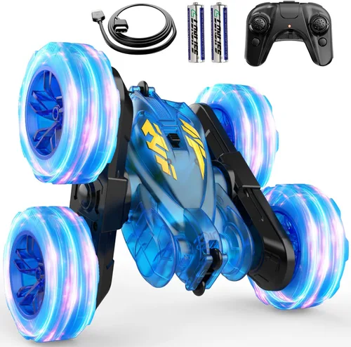 Coche de Control Remoto, Autos RC de Acrobacias Para Niños con Luz Colorida, Carga Rápida USB-C, Juguetes de Coche Camión RC 4WD Recargable con Azul