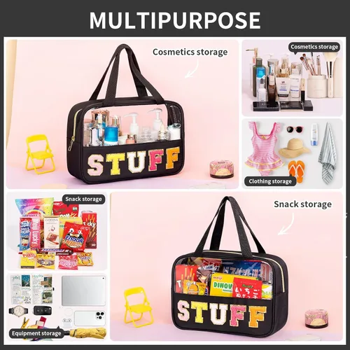 Miniatura 4 de Eurovicky Bolso de Maquillaje Transparente con Letras de Chenilla, Bolsa de Maquillaje de Nailon Preppy con Asa y Cremallera, Bolsa de Viaje