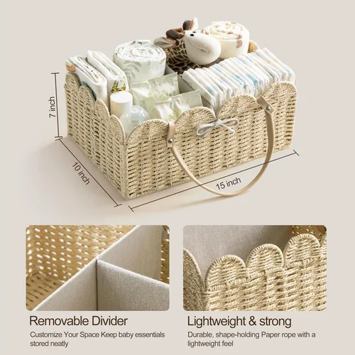 Miniatura 5 de HBlife Organizador grande de pañales para bebé, cestas de almacenamiento de cuerda de papel, contenedor de guardería con divisor extraíble