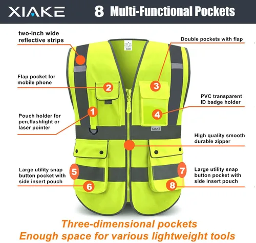 Miniatura 4 de XIAKE Chaleco de seguridad reflectante para hombres y mujeres, chaleco de alta visibilidad clase 2 con bolsillos, cumple con las normas ANSI Amarillo