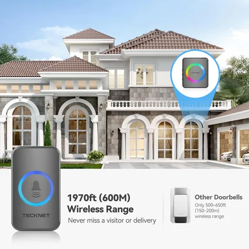 Miniatura 4 de TECKNET Timbre inalámbrico para el hogar, IP65 impermeable, 1,970 pies, 120 dB, timbre de puerta inalámbrico para aula con 60 campanas y 5 niveles