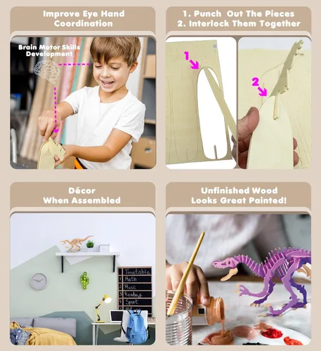 Miniatura 3 de Puzzled Rompecabezas 3D Velociraptor Dinosaurio Madera Kit de Construcción Divertido Único y Educativo DIY Juguete de Dino de Madera Montar