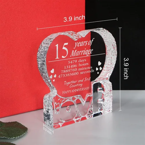 Miniatura 6 de KWOOD Cristal grabado personalizado en forma de corazón, regalo de boda de 15 aniversario para parejas, esposa, novia, marido, novio (15 aniversario)