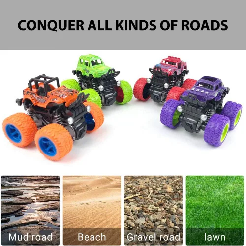 Miniatura 12 de Monster Trucks para niños, paquete de 4 vehículos de tracción para niños pequeños, rotación de 360°, 4 ruedas, autos de fricción duraderos, juguetes