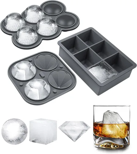 Moldes de silicona grandes para cubitos de hielo (juego de 3), 6 moldes para hacer bolas de hielo, 6 moldes cuadrados para cubitos de hielo, 4 Gris