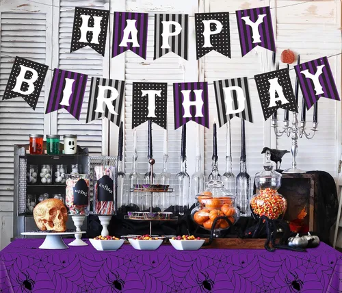 Miniatura 3 de Decoraciones de cumpleaños de miércoles con remolinos colgantes negro y morado, decoración de fiesta, pancarta gótica de tela de araña morada