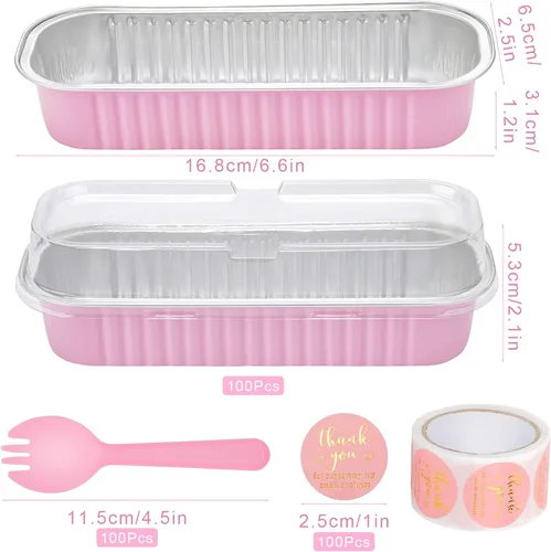 Miniatura 6 de Paquete de 100 Mini Moldes para Pasteles Rosas con Tapas Mini Moldes para Pan y Cucharas y Calcomanías, 6.8 Oz Moldes de Papel de Aluminio, Paquete