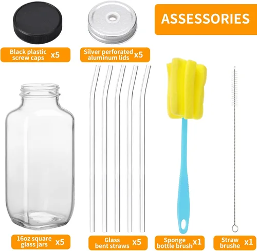 Miniatura 3 de CUCUMI 5 botellas de jugo de vidrio de 16 onzas con tapas, recipientes reutilizables para jugo, tarros de agua con cepillo, popotes de vidrio, tapas