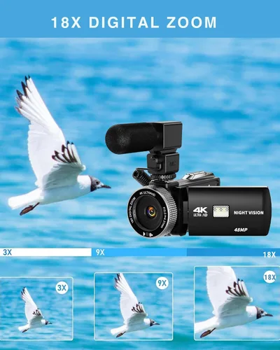 Miniatura 3 de Videocámara 4K 48MP con visión nocturna IR, cámara de vlogging con pantalla táctil abatible de 3.0 pulgadas para YouTube, zoom digital 18X, 2