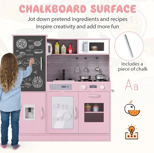Miniatura 4 de Costzon Juego de cocina para niños, gran juego de juguetes de cocina de chef de madera con sonidos y luces reales, microondas, pizarra, horno, Rosa