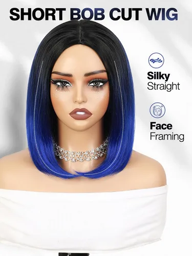 Miniatura 2 de Quick Wig - Pelucas Ombre, verde menta, corto, lacio, peluca bob, parte media sintética, para uso diario, cosplay, fiesta, pelucas completas