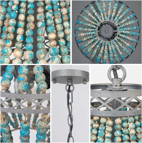 Miniatura 8 de FIRVRE Lámpara de araña de cuentas de madera, lámpara colgante rústica vintage de granja, lámparas bohemias, lámpara de techo de playa azul bohemia