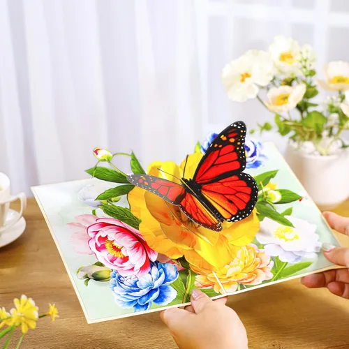 Miniatura 2 de Tarjeta de flores desplegables, tarjeta de felicitación, tarjeta desplegable 3D de mariposa y peonía rosa de 6 x 8 pulgadas, para el día