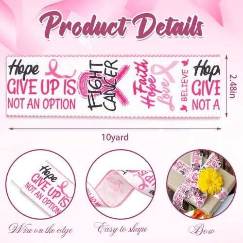 Miniatura 2 de ALIBBON Cinta de tela de arpillera de 2.5 pulgadas x 10 yardas para la concienciación del cáncer de mama, cinta rosa para combatir el cáncer, cintas