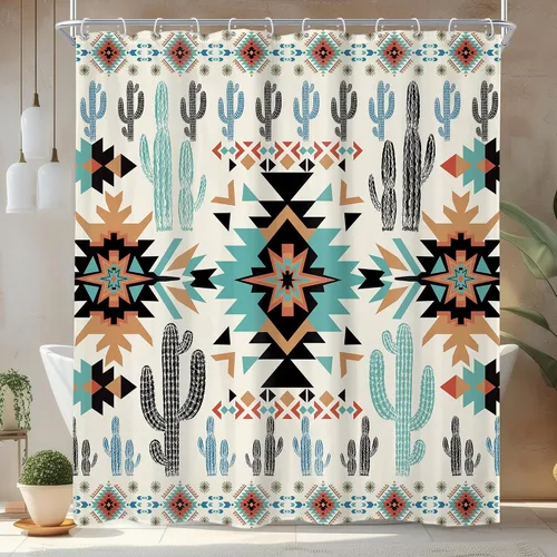 Miniatura 16 de Newsely Cortina de Ducha Pequeña para Caseta RV Occidental Azteca de Cactus 36Wx72H Pulgadas Campista Suroeste Boho Geométrica Étnica Cortina