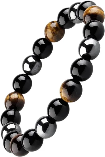 Miniatura 17 de HOZEAL Pulsera de triple protección, brazalete de obsidiana negra con ojo de tigre y hematita para hombres y mujeres, para traer suerte