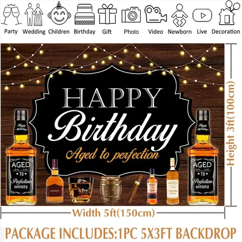 Miniatura 3 de Avezano Fondo de whisky de feliz cumpleaños de 5 x 3 pies para hombres mayores a la perfección, fondo de fiesta de cumpleaños vintage con temática