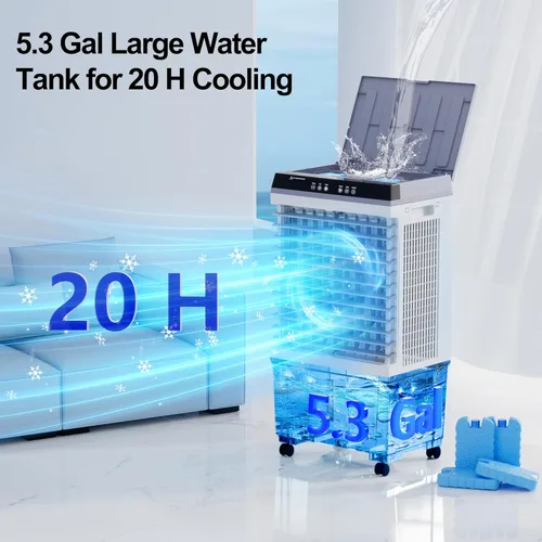 Miniatura 4 de Uthfy Enfriador de aire evaporativo de 1800 CFM, aire acondicionado 3 en 1 con motor de cobre, tanque de agua de 5.3 galones, 6 paquetes de hielo