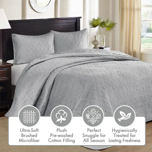 Miniatura 3 de Madison Park Quebec - Juego de ropa de cama tamaño King, color gris, damasco, colcha de 3 piezas, colcha acolchada de microfibra ultra suave