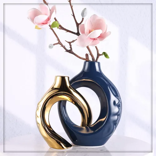 Miniatura 7 de Jarrón de cerámica azul marino para decoración del hogar, jarrón redondo azul marino dorado con agujeros, juego de 2, adecuado para decoración
