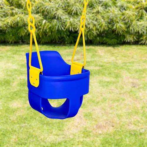Miniatura 8 de Asiento de columpio para niños pequeños con respaldo alto y agarre para los dedos, cadenas recubiertas de plástico y mosquetones para una fácil Azul