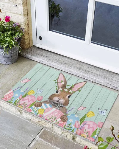 Tapete para puerta delantera, conejo de Pascua, flores de granja de primavera en madera verde azulado, tapete antideslizante y absorbente para