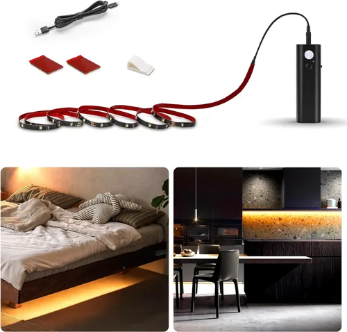 Miniatura 15 de WOBANE Tira de luz LED activada por doble movimiento, tira de luz recargable de 16.4 pies, luz de cinta alimentada por batería para debajo