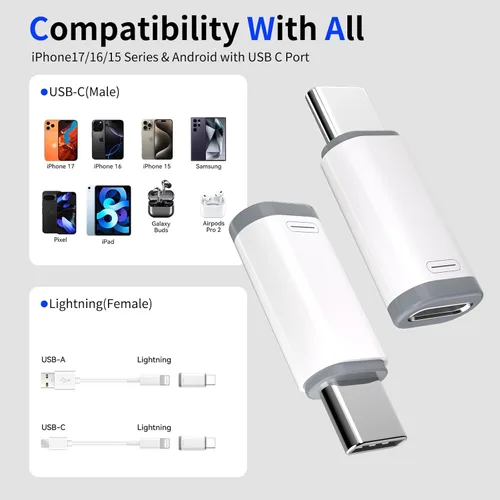 Miniatura 4 de Thousover Paquete de 4 adaptadores Lightning a USB C para iPhone 15/16/17 Pro/17 Pro Max, para cargador de iPhone 17/16, accesorios 17/16, carga