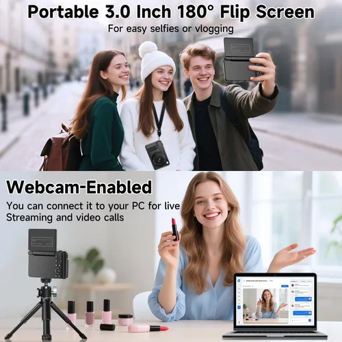 Miniatura 4 de Cámara digital 4K para fotografía y videoblogs de 64 megapíxeles para YouTube con pantalla giratoria de 3" 180°, cámara compacta de viaje