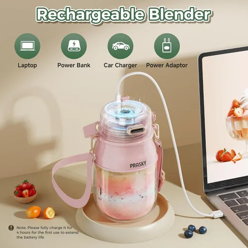 Miniatura 6 de Licuadora Portátil, Licuadoras Personales Prasky para Batidos y Smoothies con Taza de 27 onzas, Tapa y Correa para el Hombro, Recargable por USB