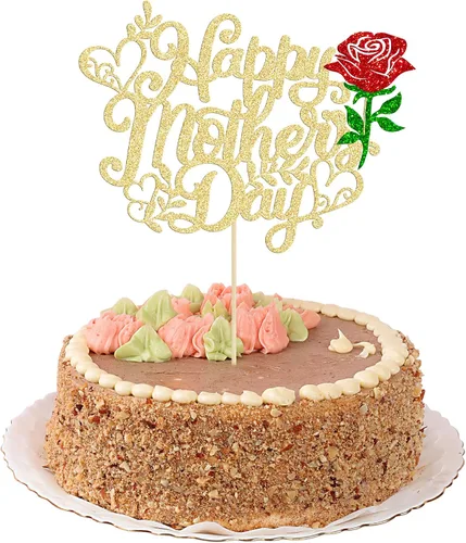 Gyufise 1 pieza de decoración de pastel para el Día de la Madre con purpurina de corazón Love You Mom Cake Pick Rose Flower Best Mom Cupcake Decor
