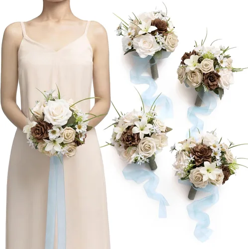 Miniatura 10 de Ling's moment Flores Artificiales Ramo de Damas de Honor Naranja Quemado Juego de 4, Ramos de Flores de Boda para Damas de Honor, Ramos Nupciales
