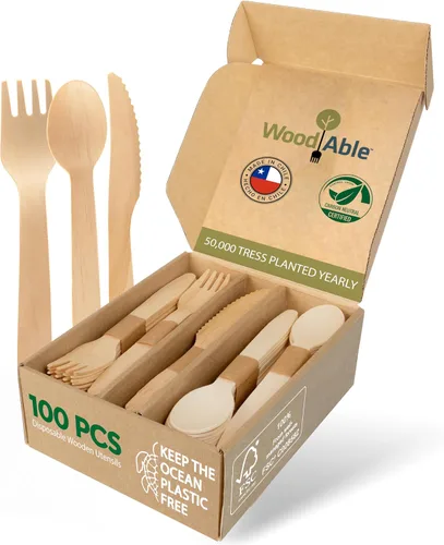 Miniatura 13 de Juego de cubiertos de madera desechables – 100% compostable para el hogar – 100 tenedores de 6.5 pulgadas, utensilios de bambú alternativos